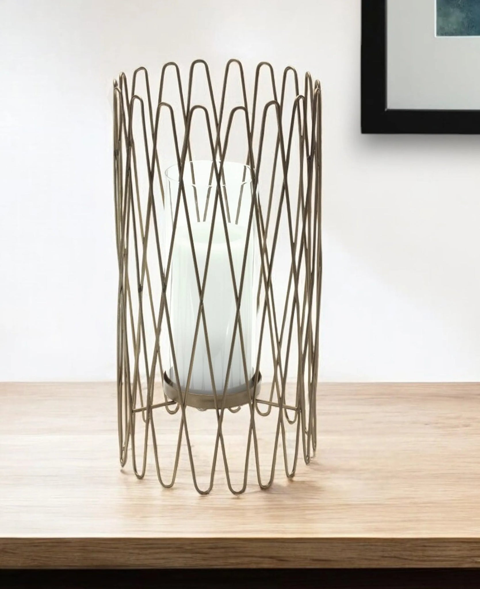 14" Gold Iron and Glass Tabletop Hurricane Candle Holder-AMAZON FACTORY