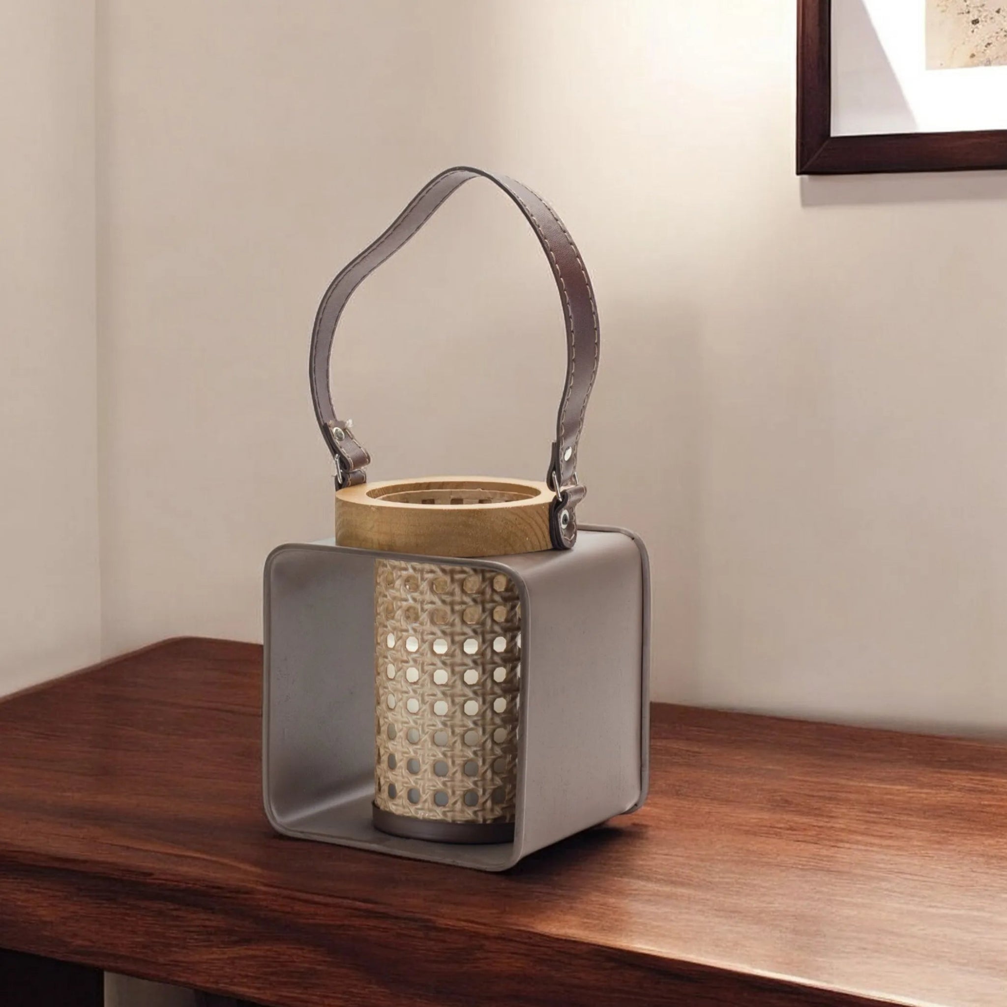 7" Natural and Brown Iron and Wood Lattice Tabletop Lantern Candle Holder-AMAZON FACTORY